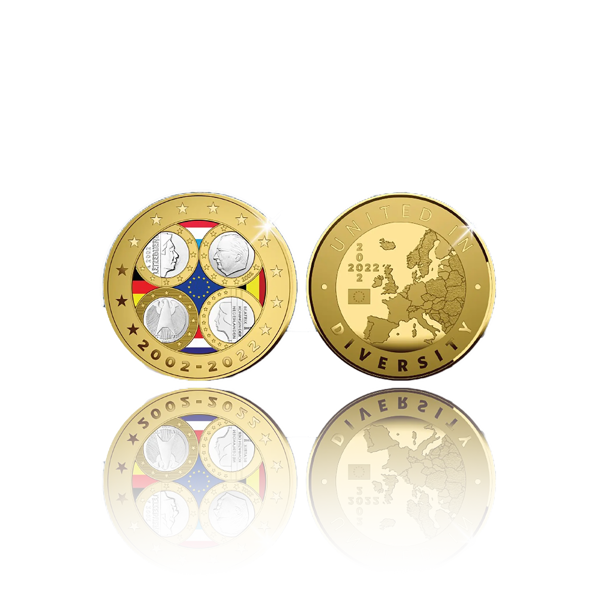 Proof enameled medal from 2022. Commemorating 20 years of the euro: Luxembourg, Belgium, Germany, and the Netherlands.